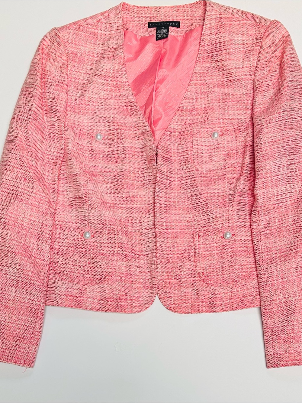 Apostrophe Women’s Coral Pink Tweed Suit Jacket With Pearl Buttons Size 14